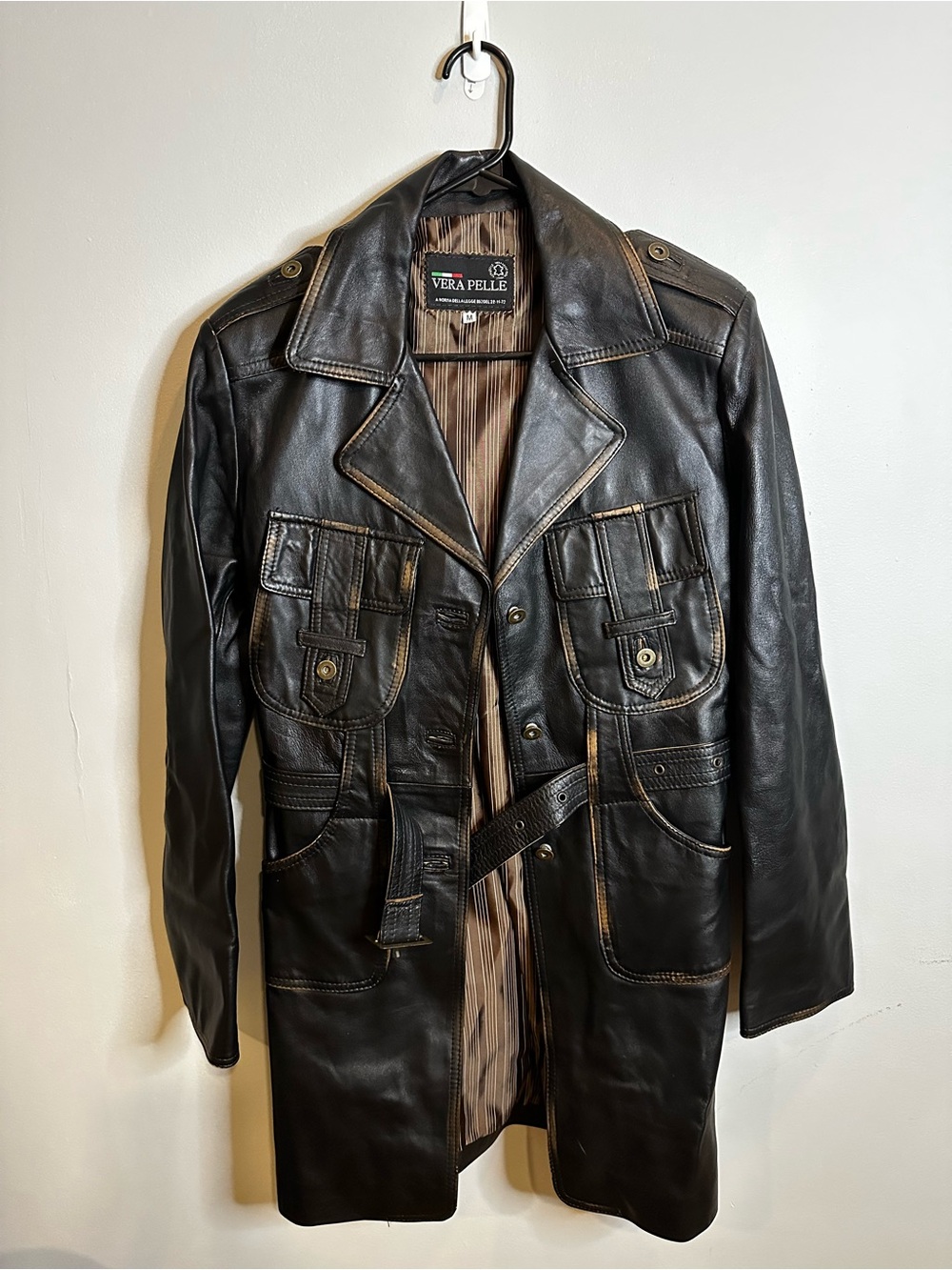 Vera Pelle Brown/Black Leather Trench Coat
